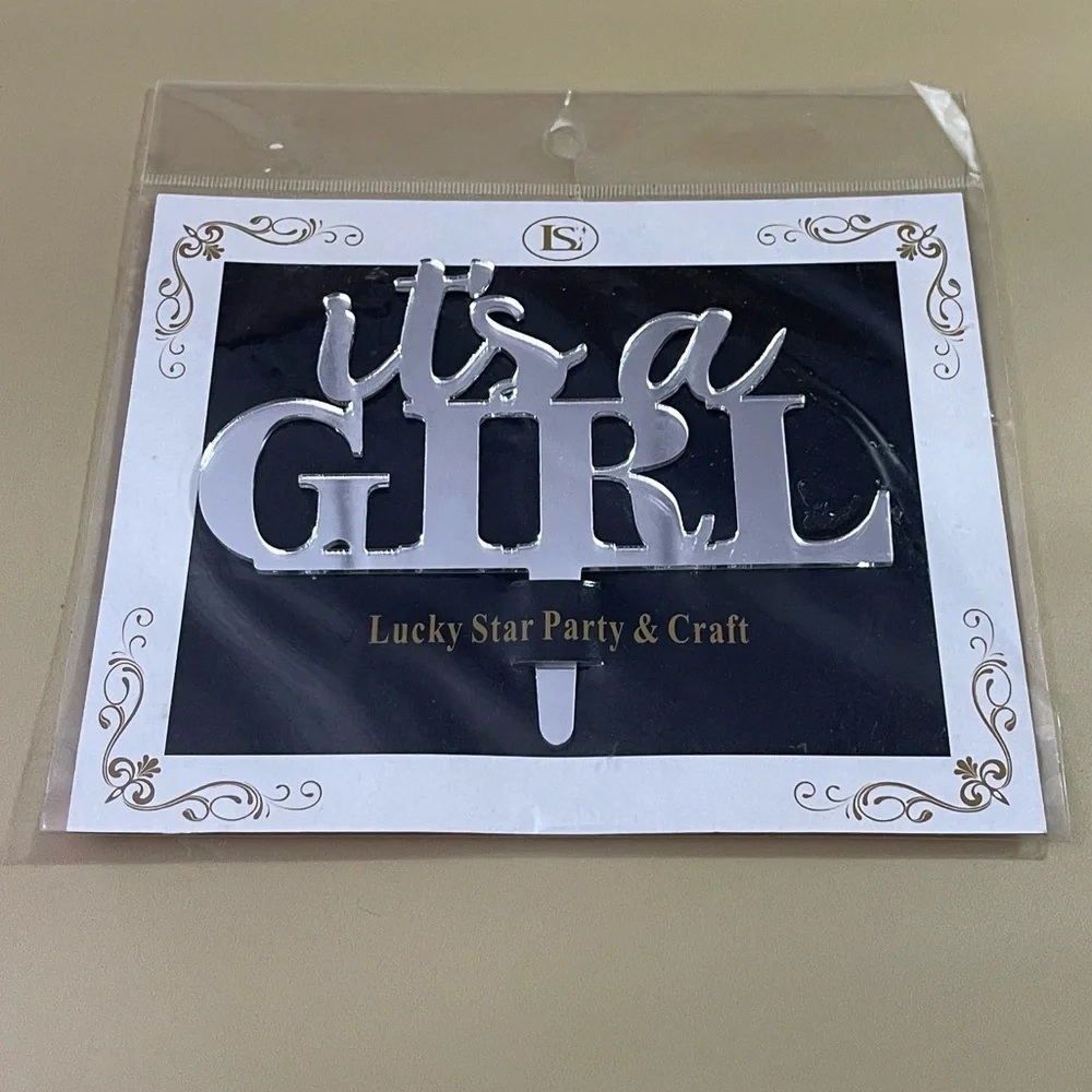 NWT It's a Girl Cursive Mirrored Acrylic Cake Topper
